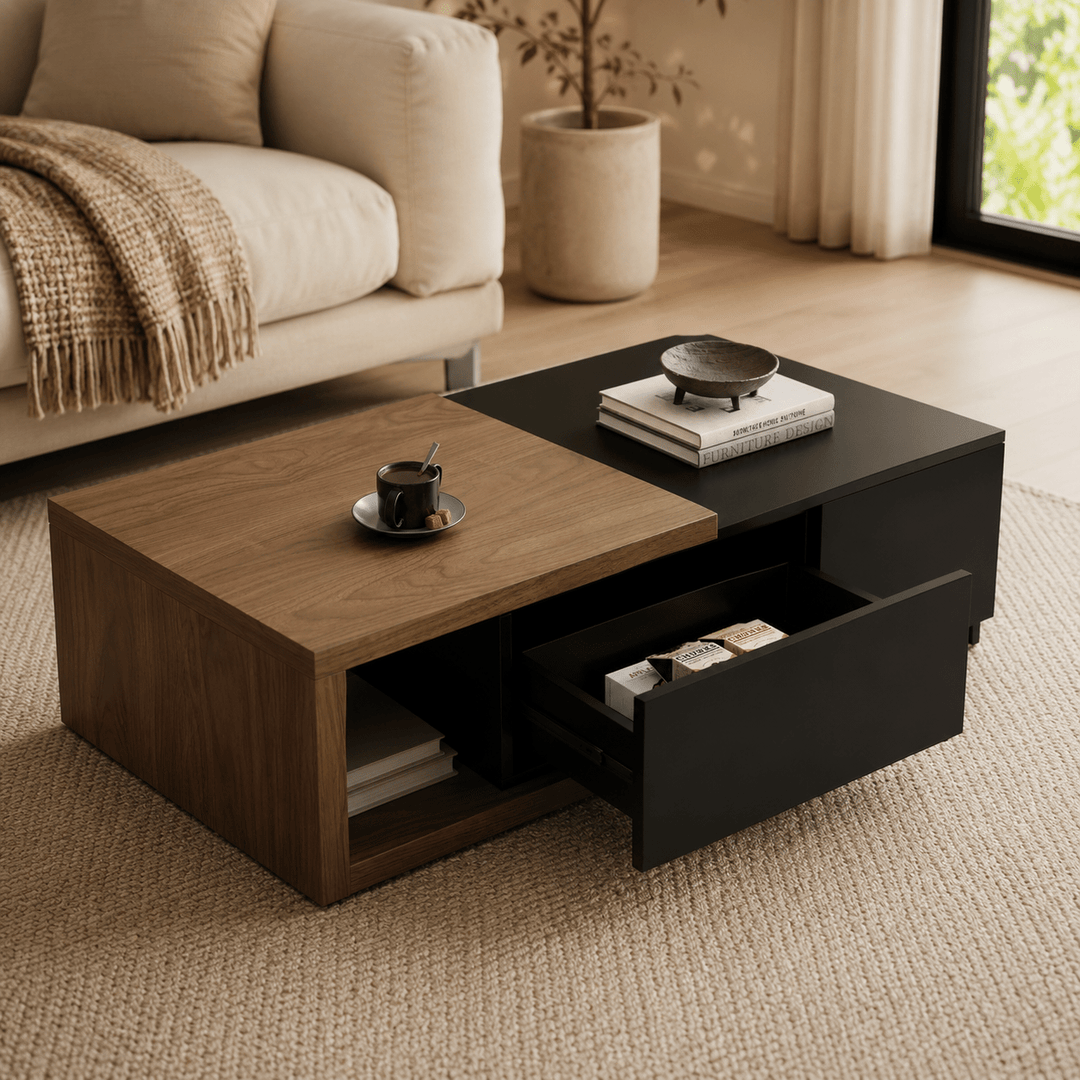 Table basse extensible Quoint Walnut avec 2 tiroirs (1200 mm à 1750 mm) black - AMIRELLI