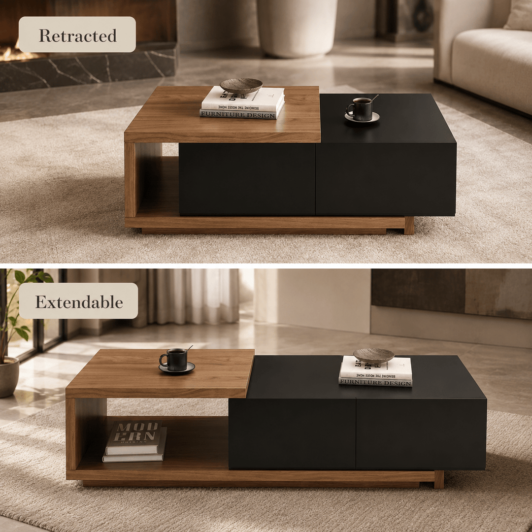 Table basse extensible Quoint Walnut avec 2 tiroirs (1200 mm à 1750 mm) black - AMIRELLI