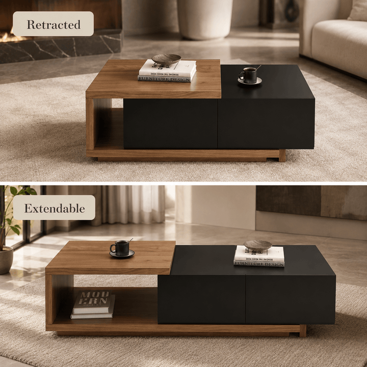 Table basse extensible Quoint Walnut avec 2 tiroirs (1200 mm à 1750 mm) black - AMIRELLI