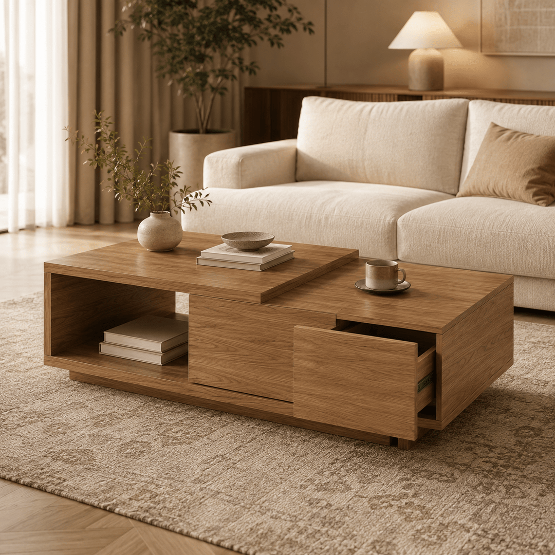 Table basse extensible Quoint Walnut avec 2 tiroirs (1200 mm à 1750 mm) grey - AMIRELLI