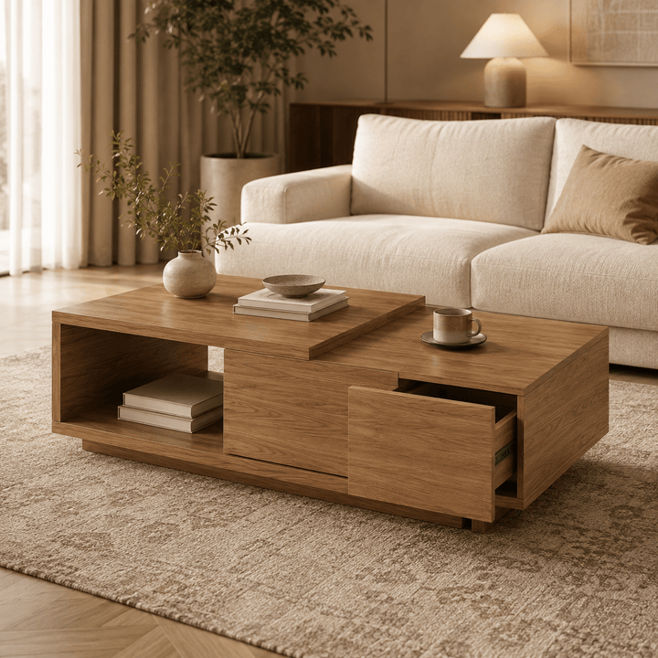 Table basse extensible Quoint Walnut avec 2 tiroirs (1200 mm à 1750 mm) grey - AMIRELLI