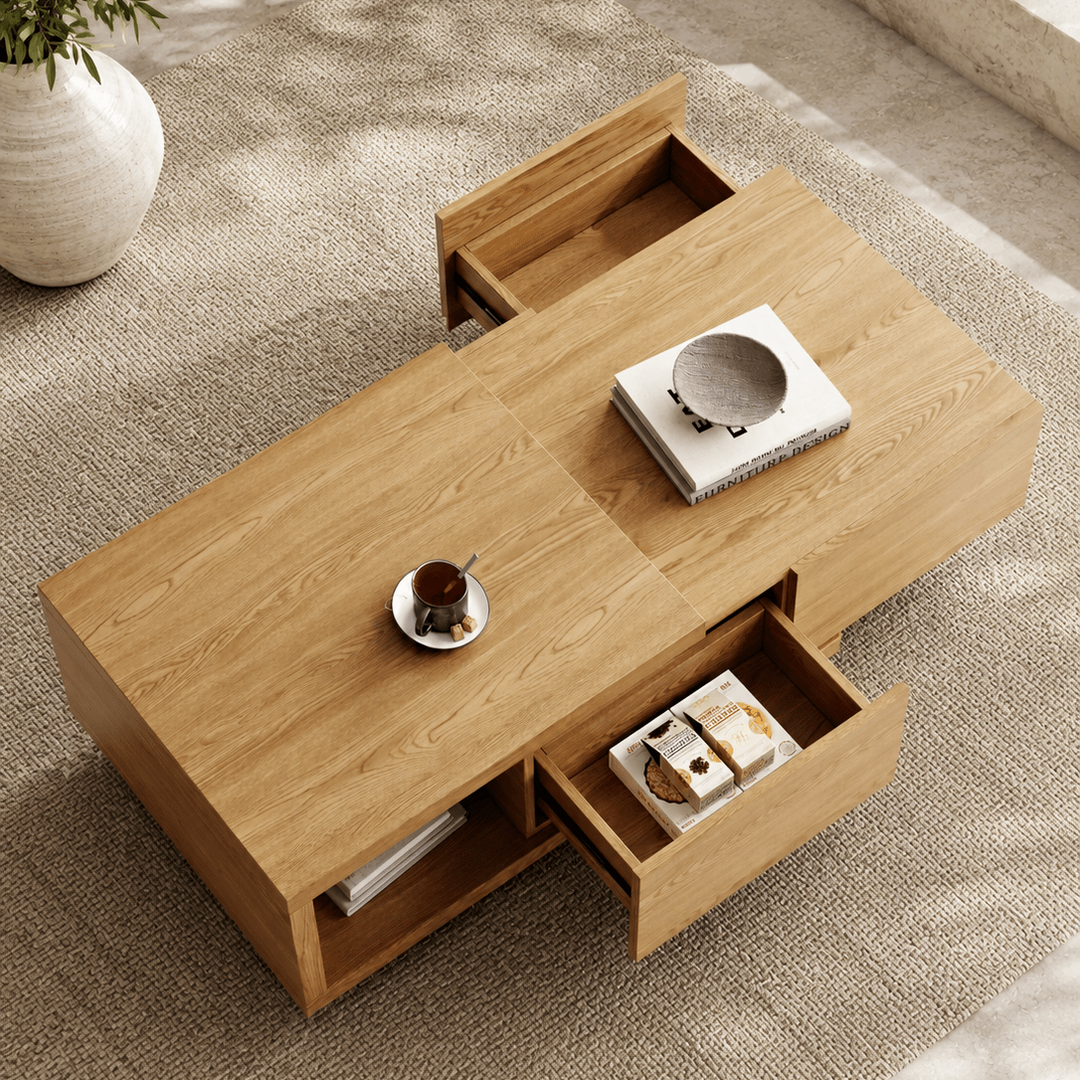 Table basse extensible Quoint Walnut avec 2 tiroirs (1200 mm à 1750 mm) light grey - AMIRELLI
