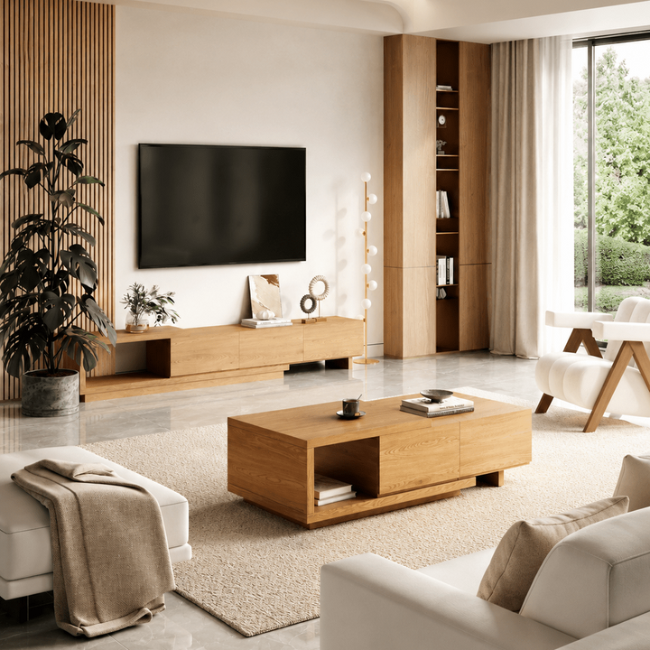 Table basse extensible Quoint Walnut avec 2 tiroirs (1200 mm à 1750 mm) light grey - AMIRELLI