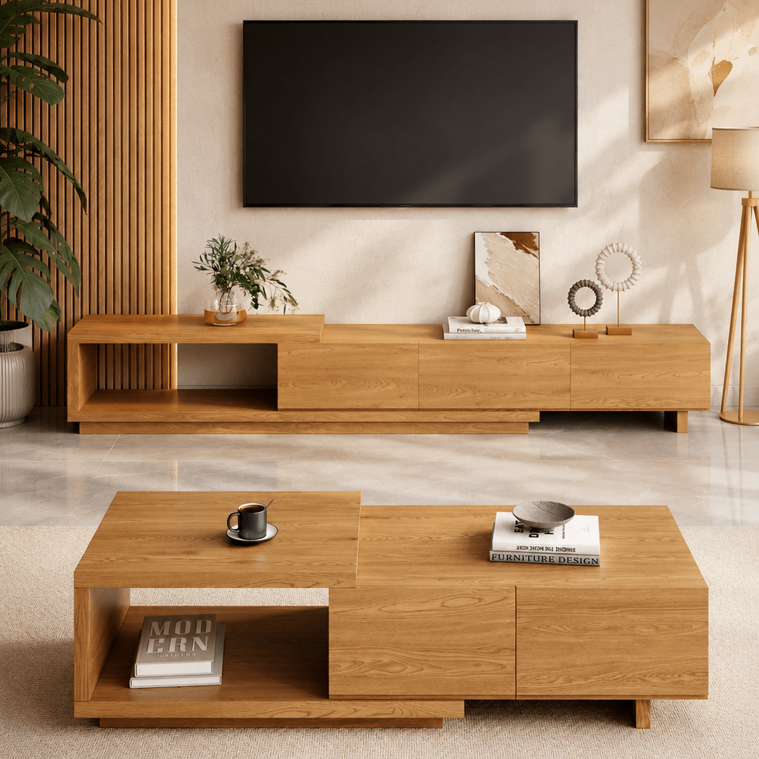 Table basse extensible Quoint Walnut avec 2 tiroirs (1200 mm à 1750 mm) light grey - AMIRELLI