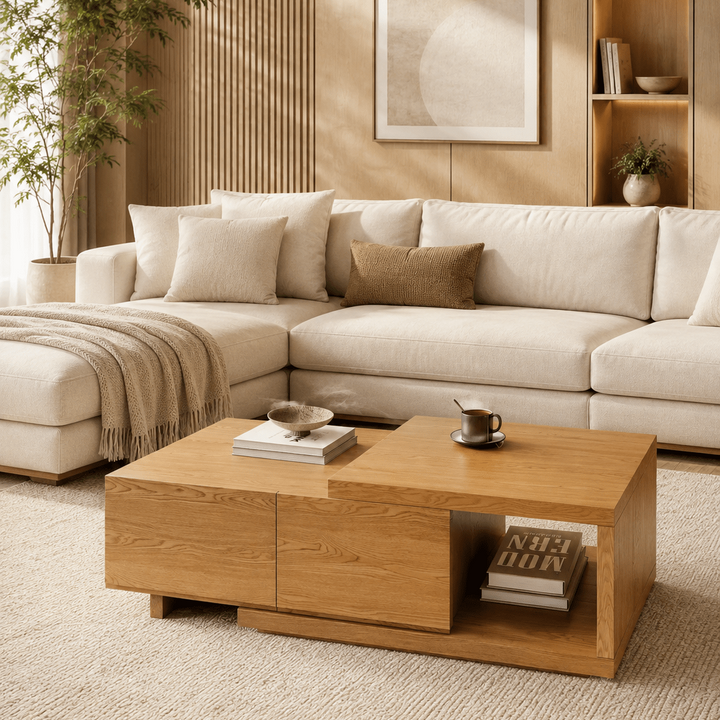 Table basse extensible Quoint Walnut avec 2 tiroirs (1200 mm à 1750 mm) light grey - AMIRELLI