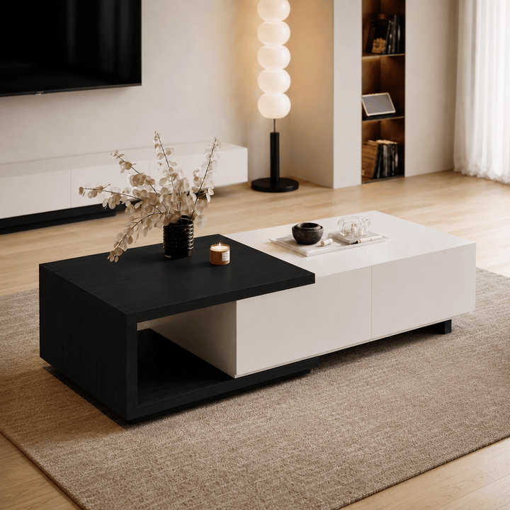 Table basse extensible Quoint Walnut avec 2 tiroirs (1200 mm à 1750 mm) white black - AMIRELLI