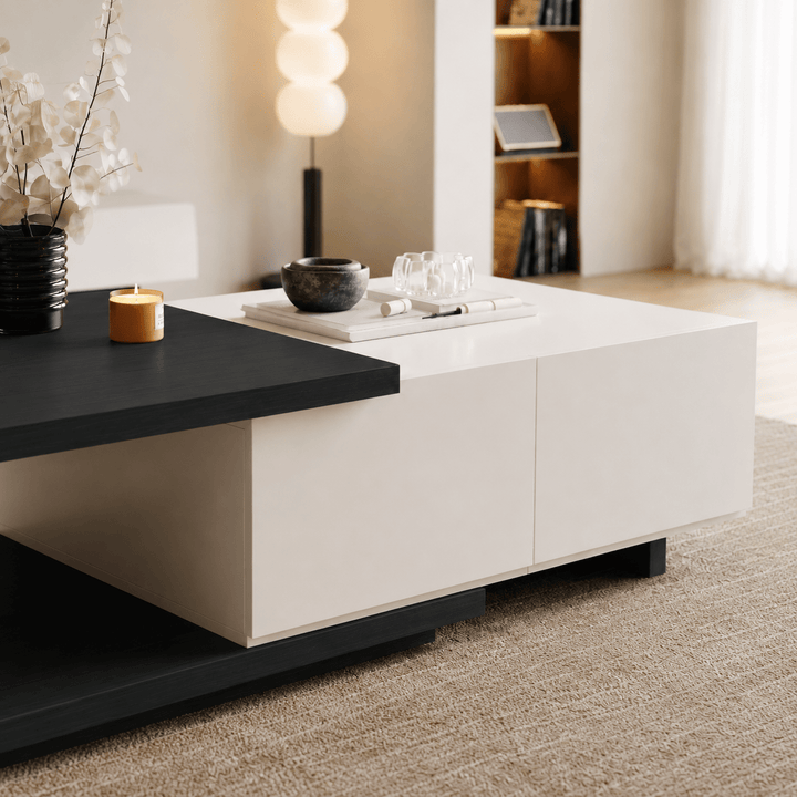 Table basse extensible Quoint Walnut avec 2 tiroirs (1200 mm à 1750 mm) white black - AMIRELLI
