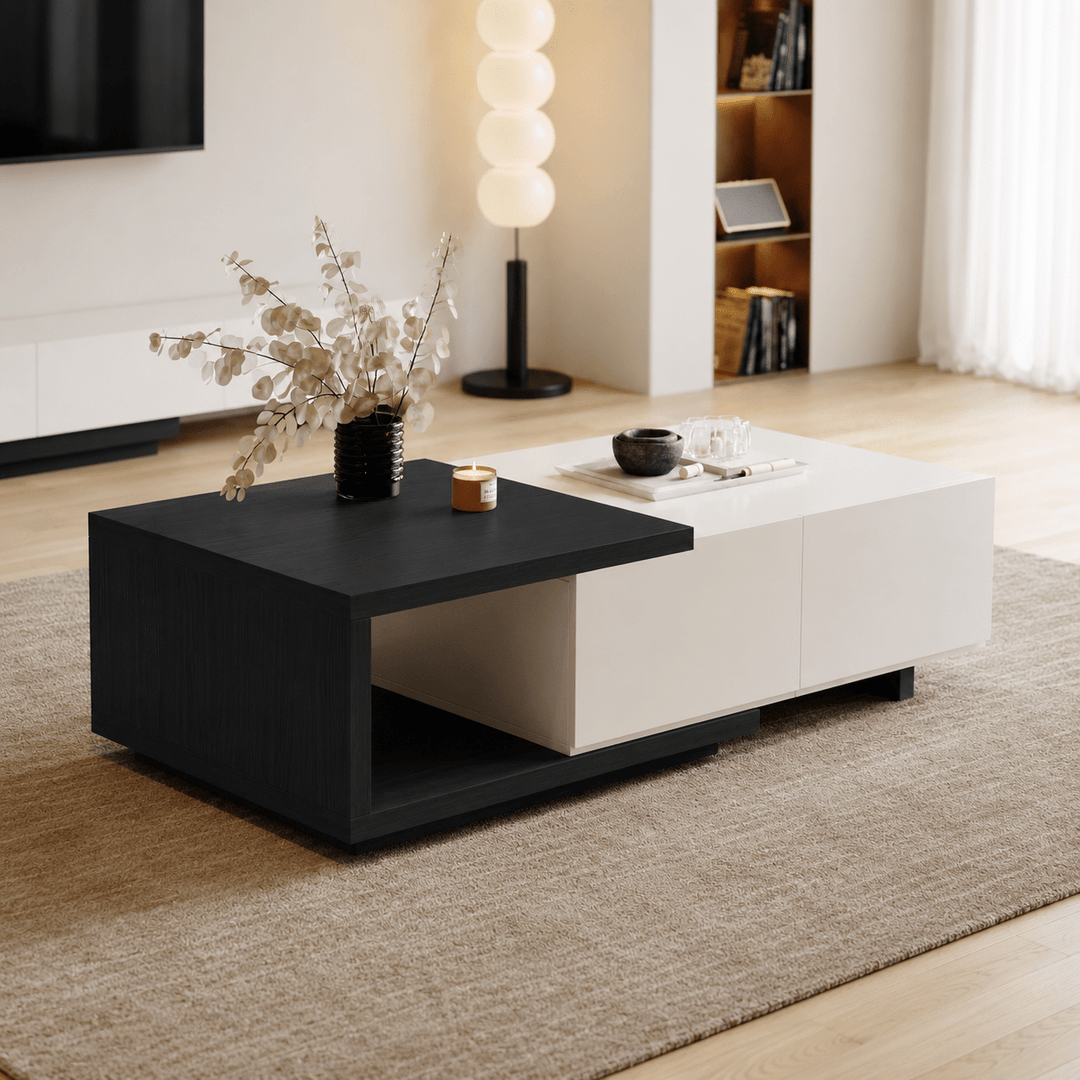Table basse extensible Quoint Walnut avec 2 tiroirs (1200 mm à 1750 mm) white black - AMIRELLI