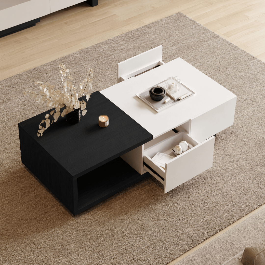 Table basse extensible Quoint Walnut avec 2 tiroirs (1200 mm à 1750 mm) white black - AMIRELLI