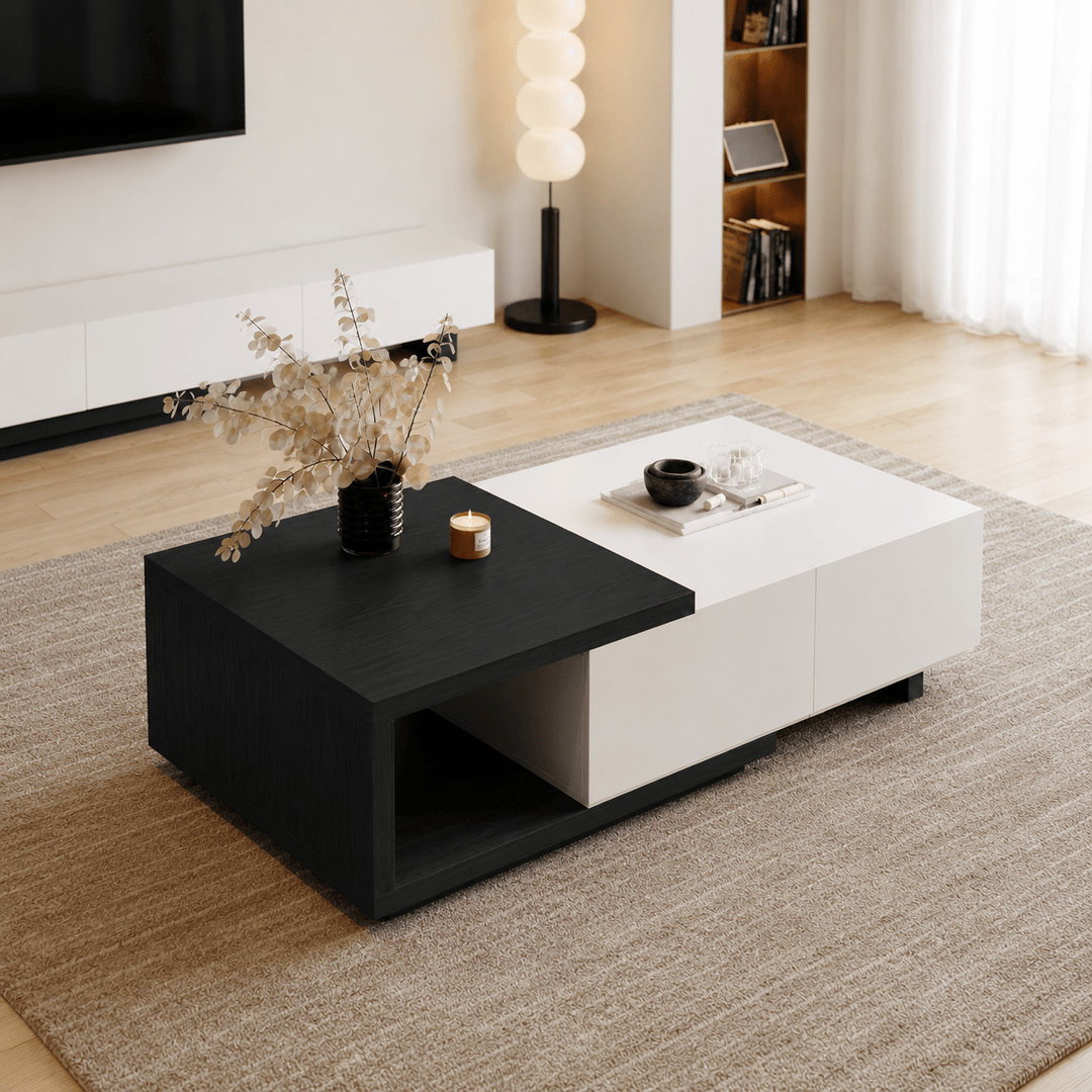 Table basse extensible Quoint Walnut avec 2 tiroirs (1200 mm à 1750 mm) white black - AMIRELLI