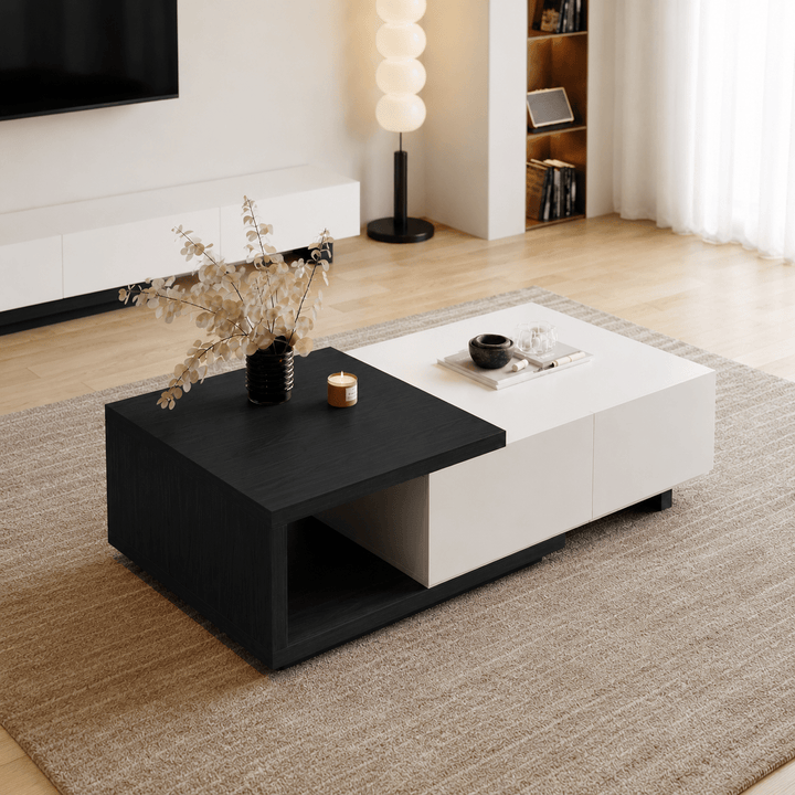 Table basse extensible Quoint Walnut avec 2 tiroirs (1200 mm à 1750 mm) white black - AMIRELLI