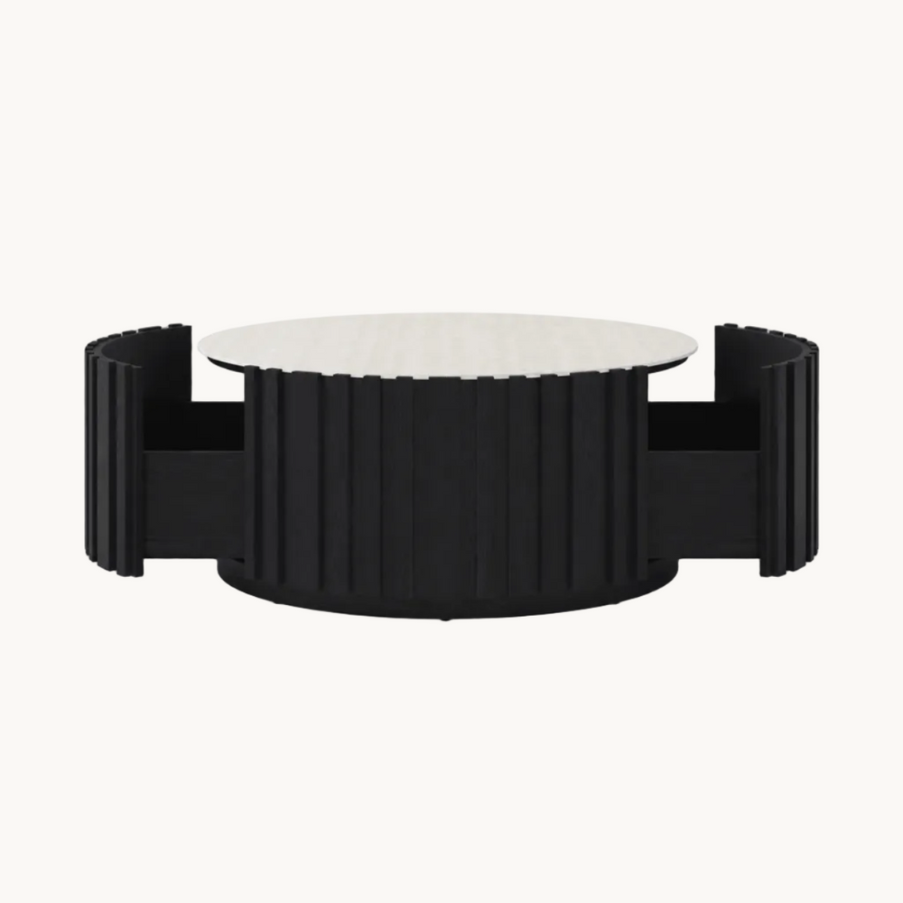 Table basse ronde Aura 35" en bois de frêne à lattes avec plateau en pierre frittée black - AMIRELLI