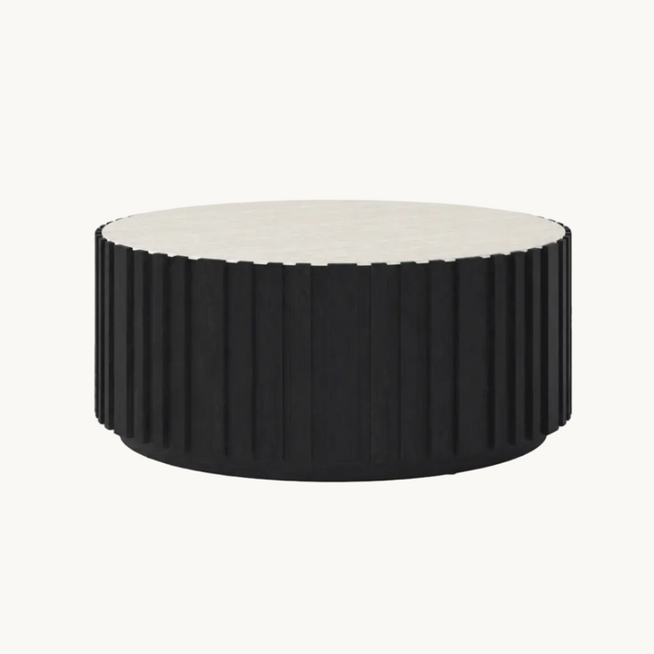 Table basse ronde Aura 35" en bois de frêne à lattes avec plateau en pierre frittée black - AMIRELLI