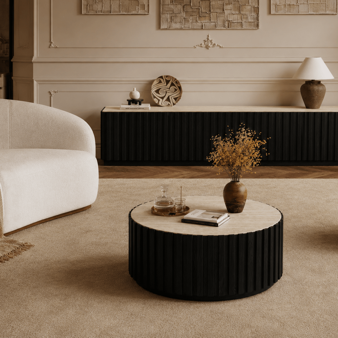 Table basse ronde Aura 35" en bois de frêne à lattes avec plateau en pierre frittée black - AMIRELLI