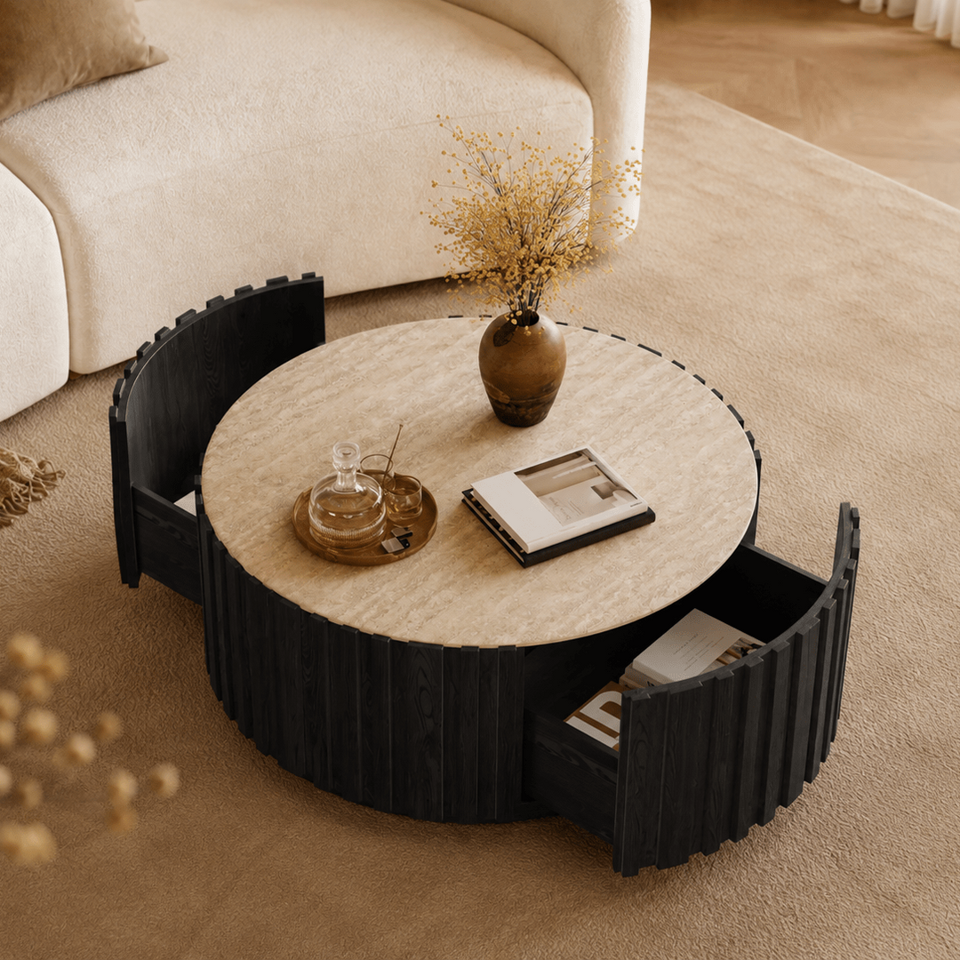 Table basse ronde Aura 35" en bois de frêne à lattes avec plateau en pierre frittée black - AMIRELLI