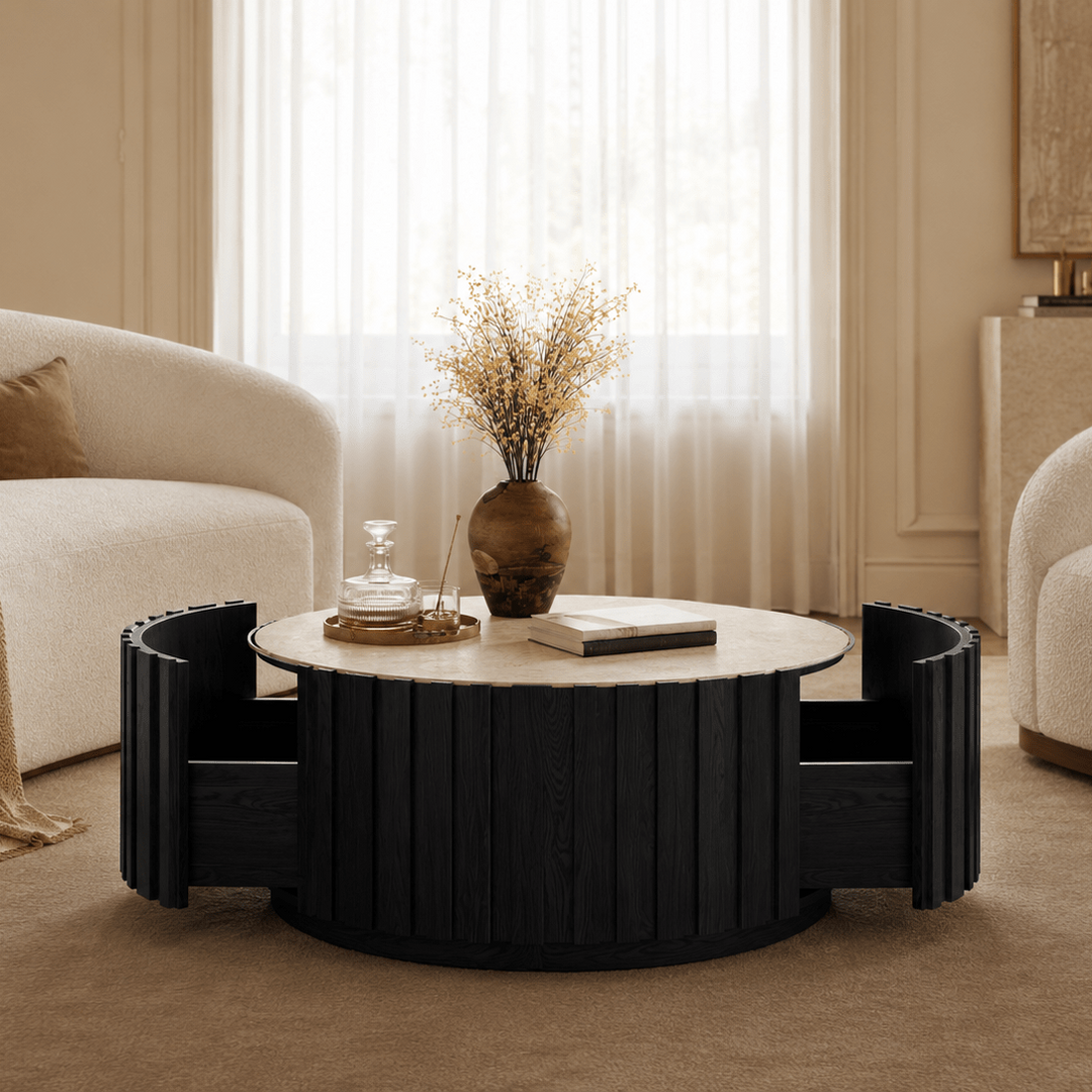 Table basse ronde Aura 35" en bois de frêne à lattes avec plateau en pierre frittée black - AMIRELLI