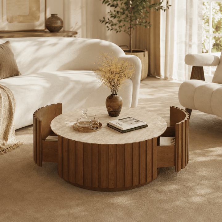 Table basse ronde Aura 35" en bois de frêne à lattes avec plateau en pierre frittée brown - AMIRELLI