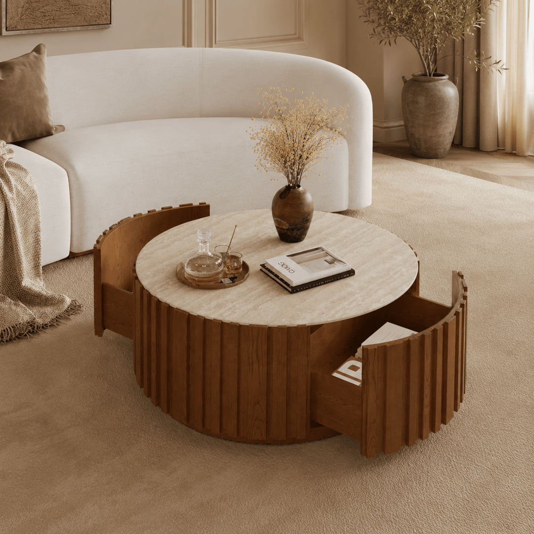 Table basse ronde Aura 35" en bois de frêne à lattes avec plateau en pierre frittée brown - AMIRELLI