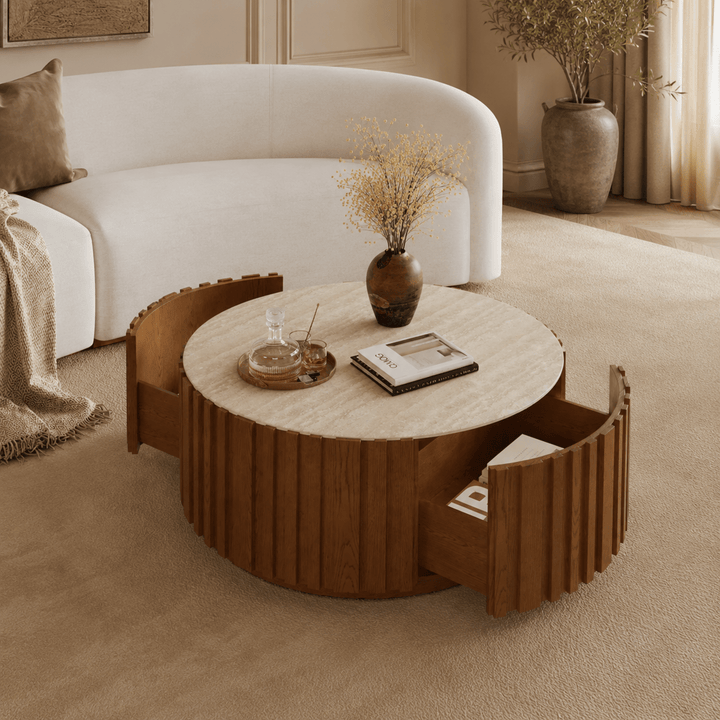 Table basse ronde Aura 35" en bois de frêne à lattes avec plateau en pierre frittée brown - AMIRELLI