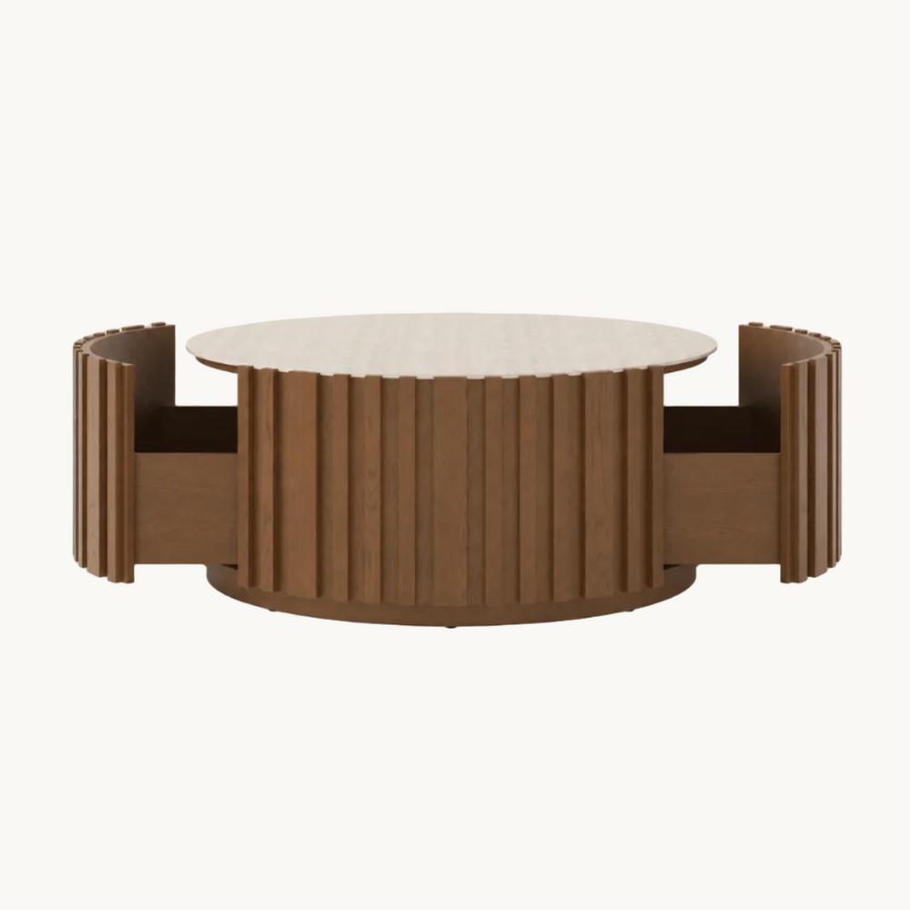 Table basse ronde Aura 35" en bois de frêne à lattes avec plateau en pierre frittée brown - AMIRELLI