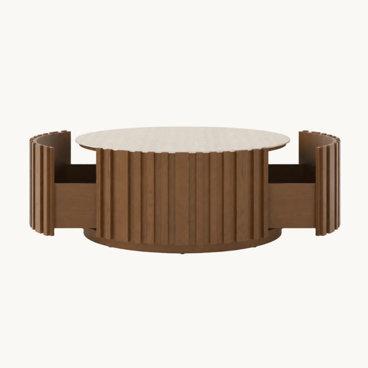 Table basse ronde Aura 35" en bois de frêne à lattes avec plateau en pierre frittée brown - AMIRELLI