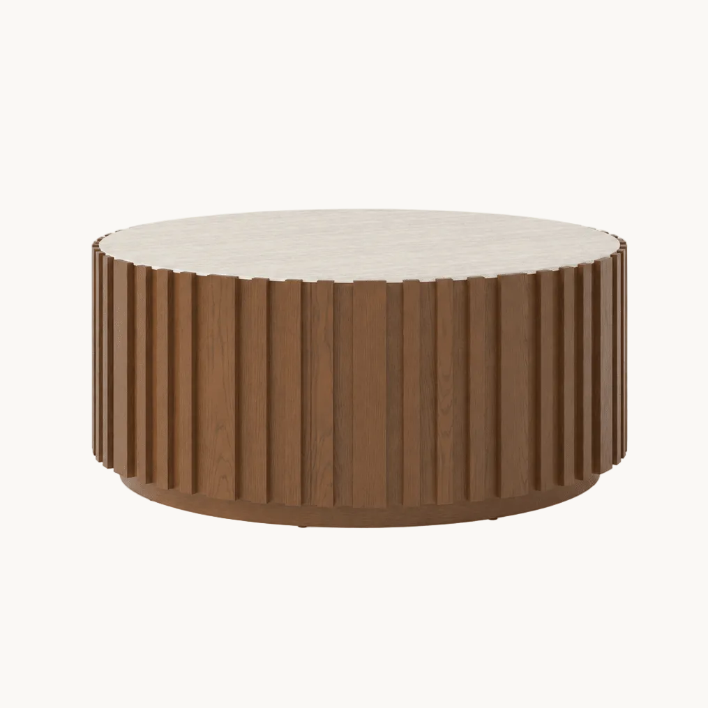 Table basse ronde Aura 35" en bois de frêne à lattes avec plateau en pierre frittée brown - AMIRELLI