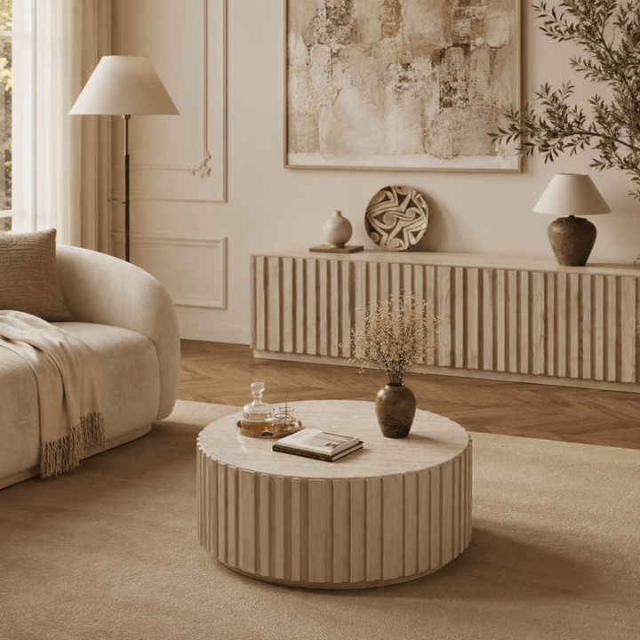 Table basse ronde Aura 35" en bois de frêne à lattes avec plateau en pierre frittée white - AMIRELLI