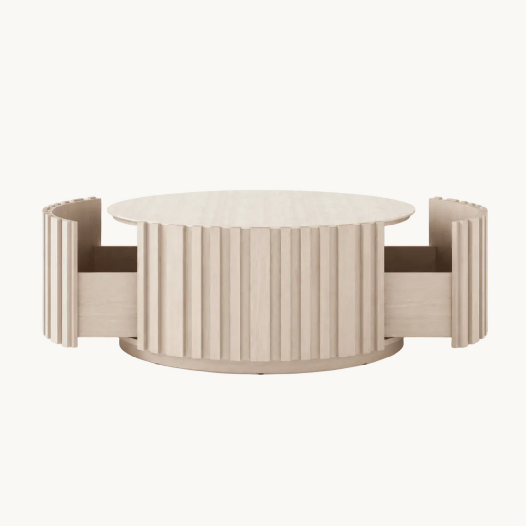 Table basse ronde Aura 35" en bois de frêne à lattes avec plateau en pierre frittée white - AMIRELLI