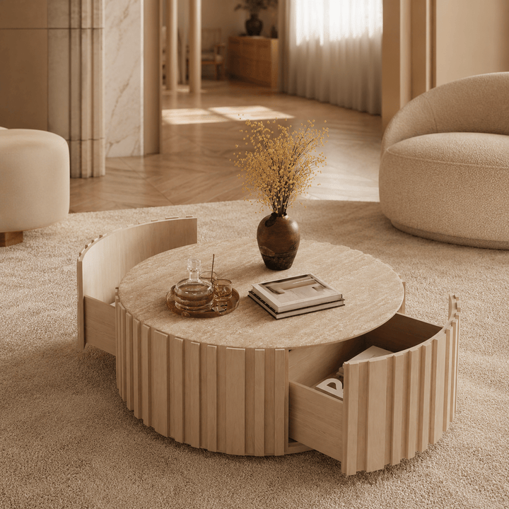 Table basse ronde Aura 35" en bois de frêne à lattes avec plateau en pierre frittée white - AMIRELLI