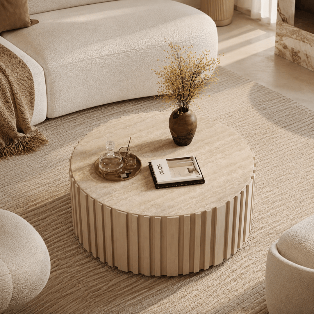 Table basse ronde Aura 35" en bois de frêne à lattes avec plateau en pierre frittée white - AMIRELLI