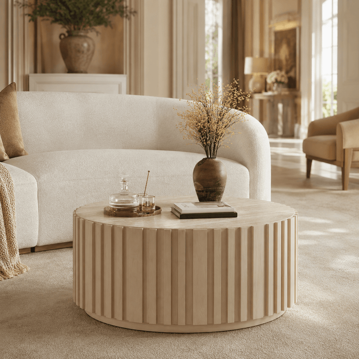 Table basse ronde Aura 35" en bois de frêne à lattes avec plateau en pierre frittée white - AMIRELLI