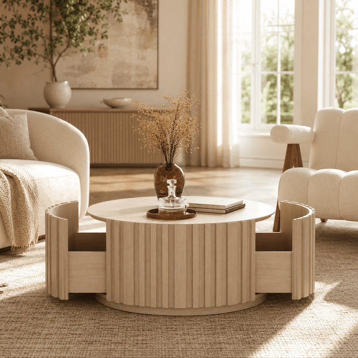 Table basse ronde Aura 35" en bois de frêne à lattes avec plateau en pierre frittée white - AMIRELLI