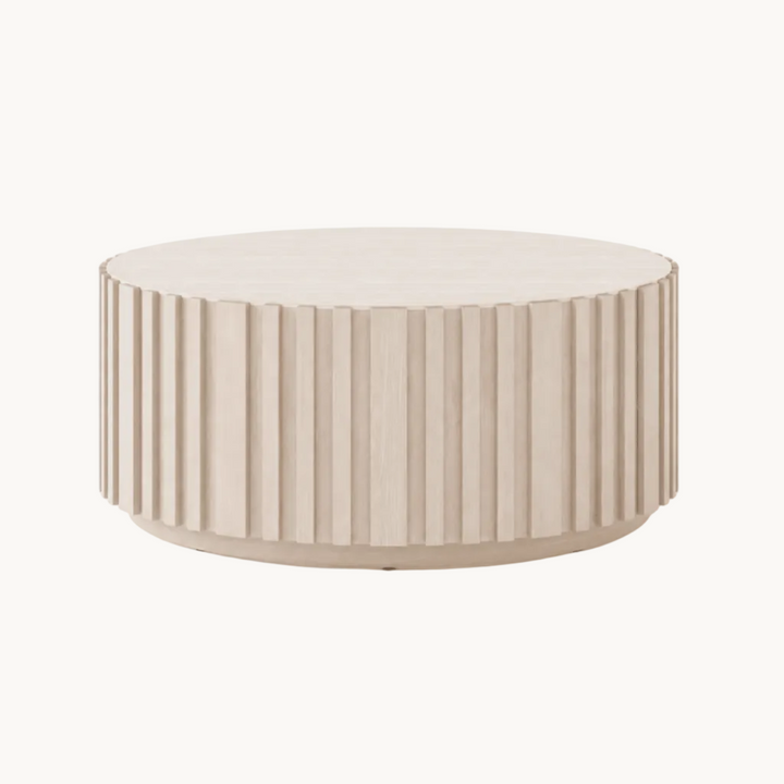 Table basse ronde Aura 35" en bois de frêne à lattes avec plateau en pierre frittée white - AMIRELLI