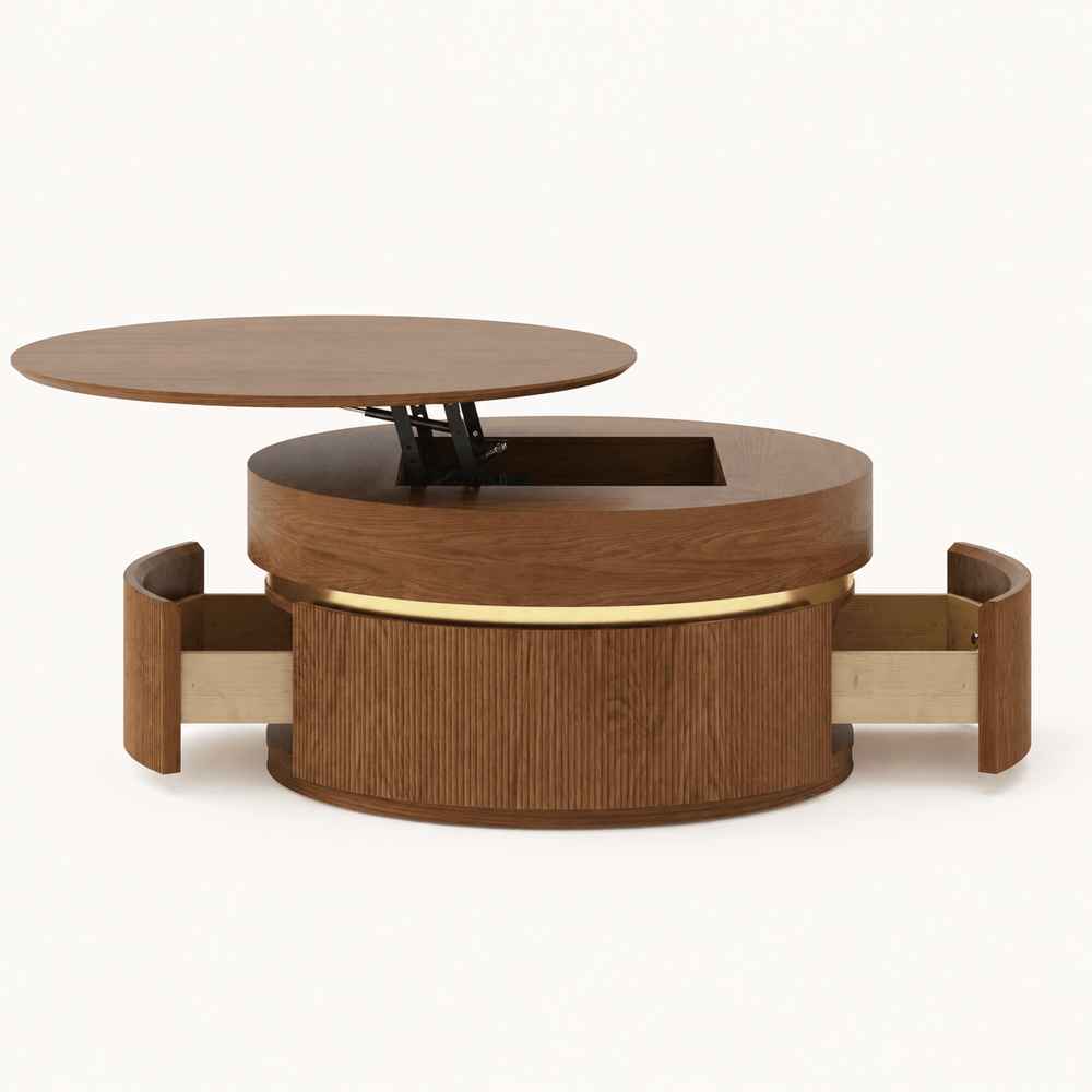Table basse ronde en noyer à plateau relevable cannelé de 32 pouces avec 2 tiroirs - AMIRELLI