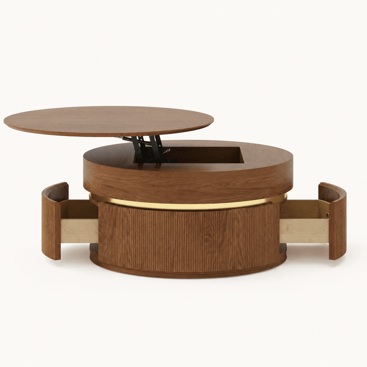 Table basse ronde en noyer à plateau relevable cannelé de 32 pouces avec 2 tiroirs - AMIRELLI