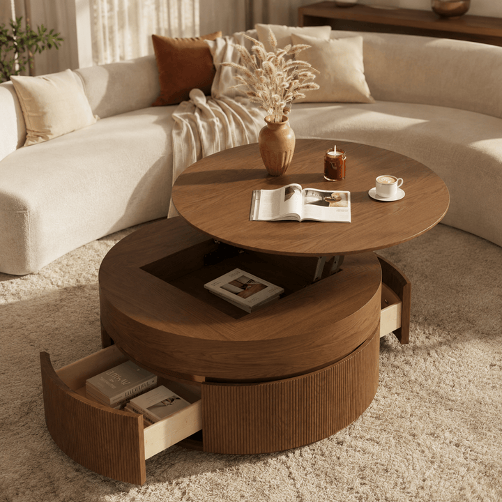 Table basse ronde en noyer à plateau relevable cannelé de 32 pouces avec 2 tiroirs - AMIRELLI