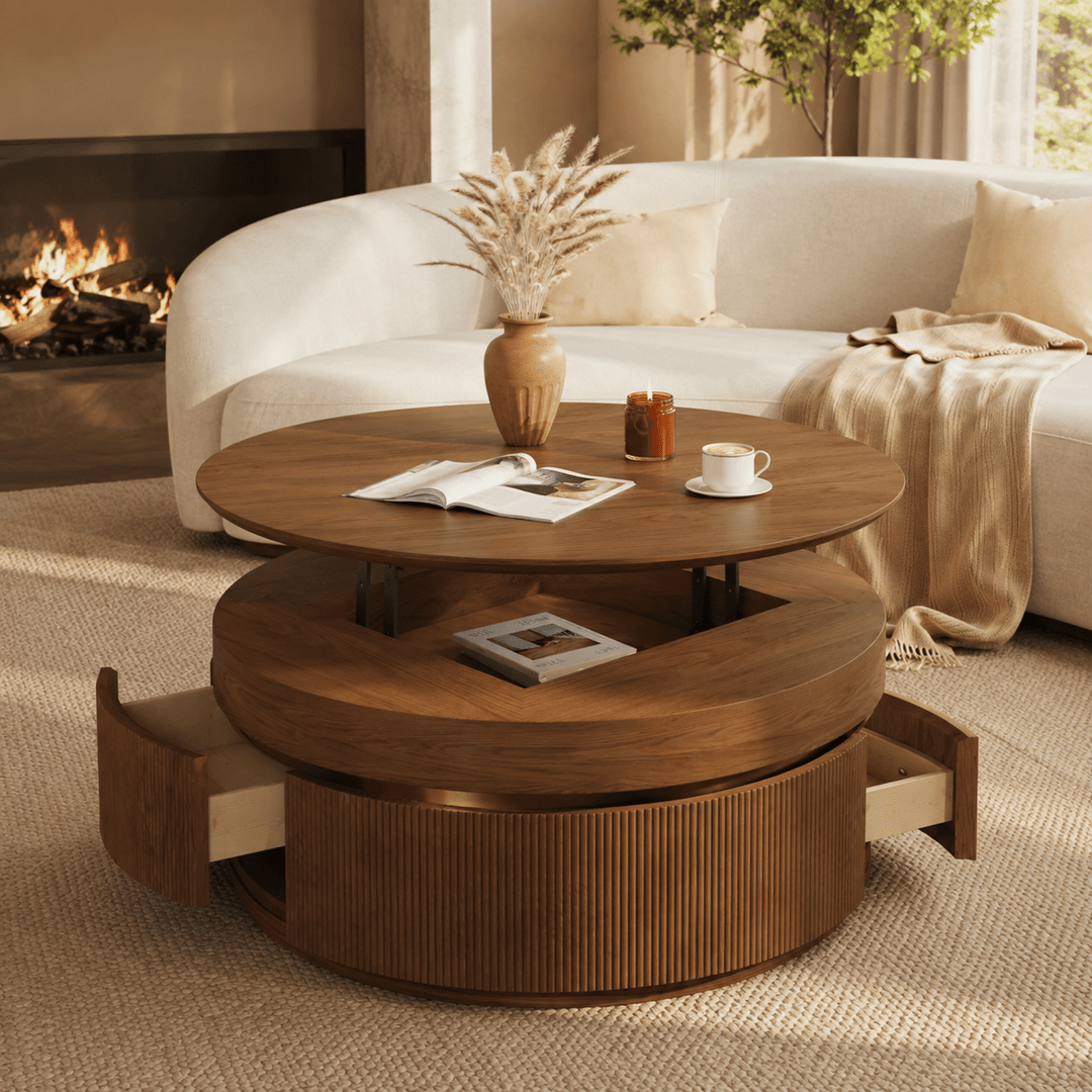 Table basse ronde en noyer à plateau relevable cannelé de 32 pouces avec 2 tiroirs - AMIRELLI