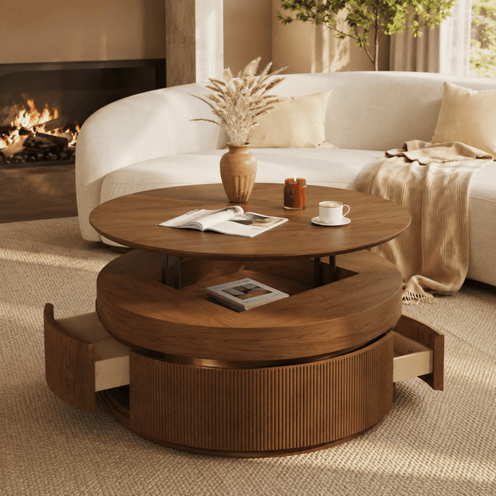 Table basse ronde en noyer à plateau relevable cannelé de 32 pouces avec 2 tiroirs - AMIRELLI