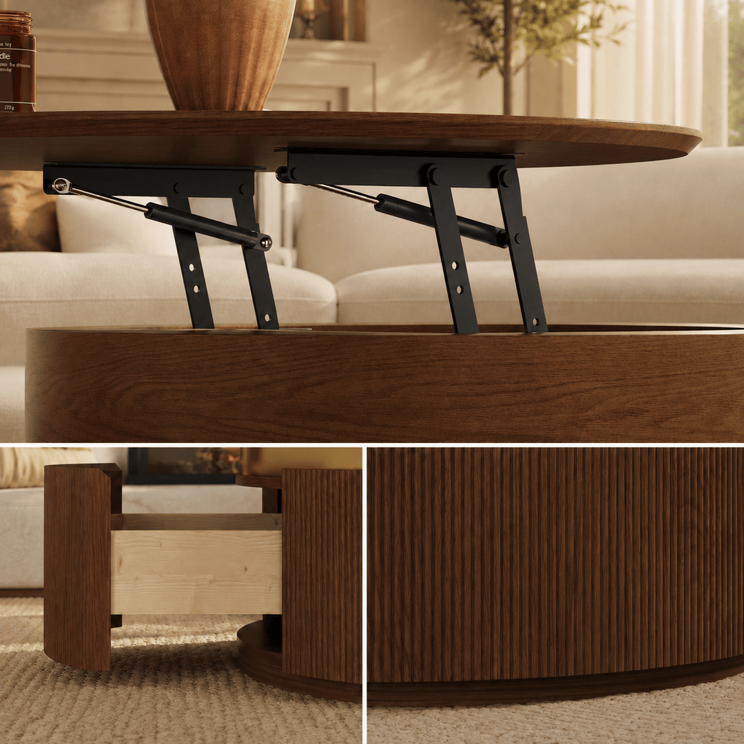 Table basse ronde en noyer à plateau relevable cannelé de 32 pouces avec 2 tiroirs - AMIRELLI