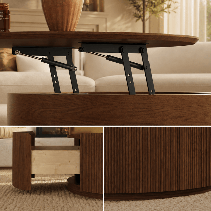 Table basse ronde en noyer à plateau relevable cannelé de 32 pouces avec 2 tiroirs - AMIRELLI