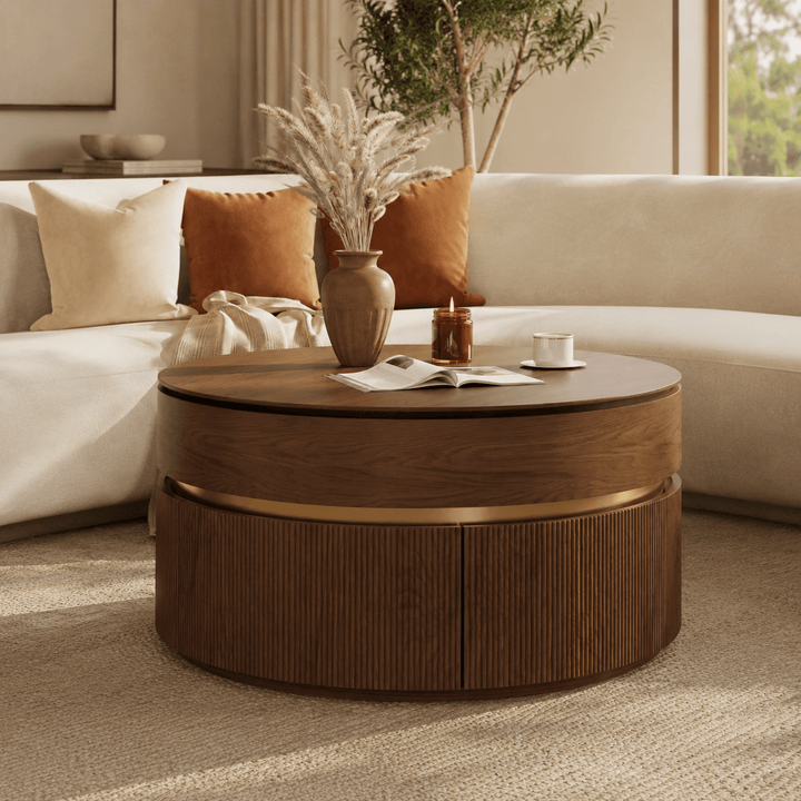 Table basse ronde en noyer à plateau relevable cannelé de 32 pouces avec 2 tiroirs - AMIRELLI