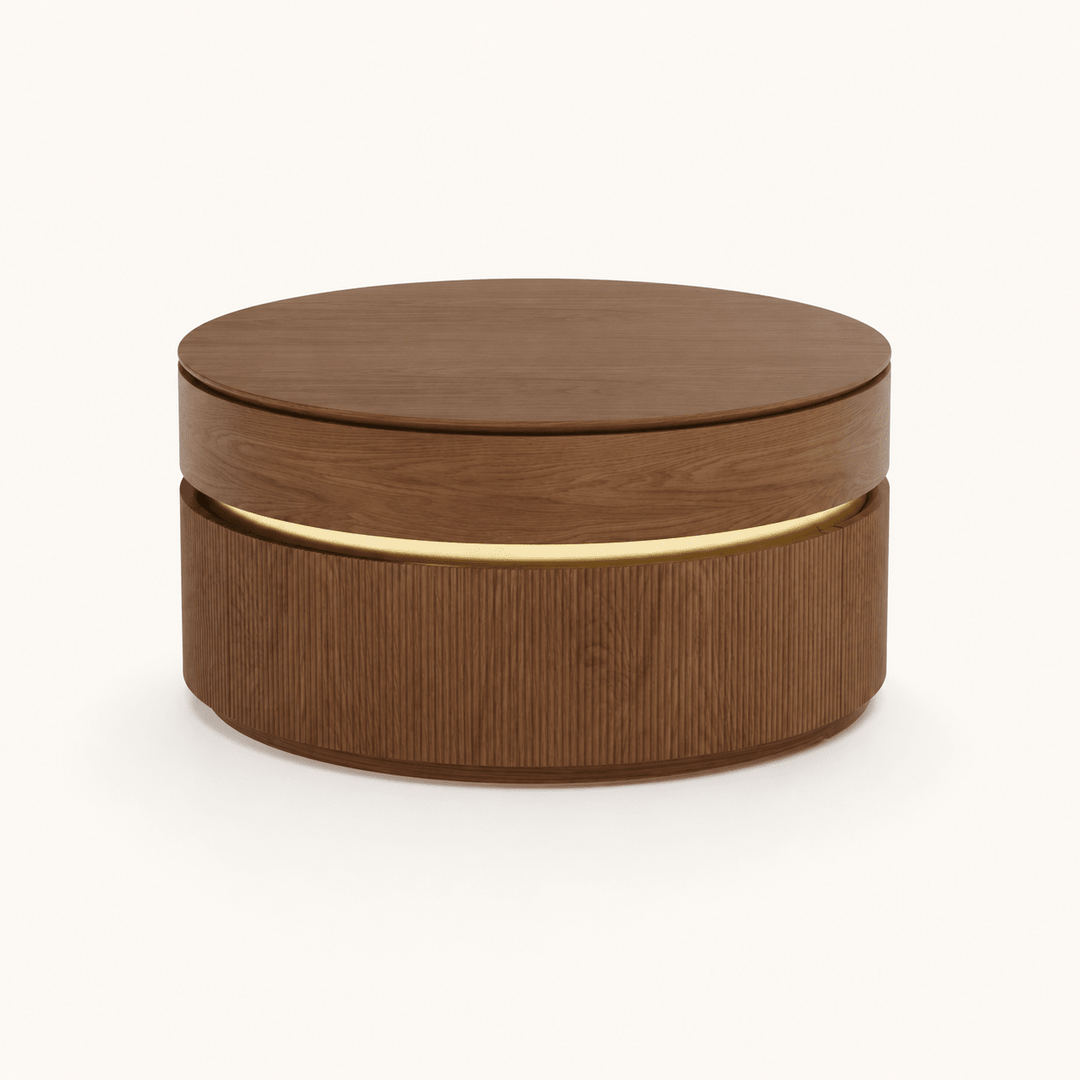 Table basse ronde en noyer à plateau relevable cannelé de 32 pouces avec 2 tiroirs - AMIRELLI