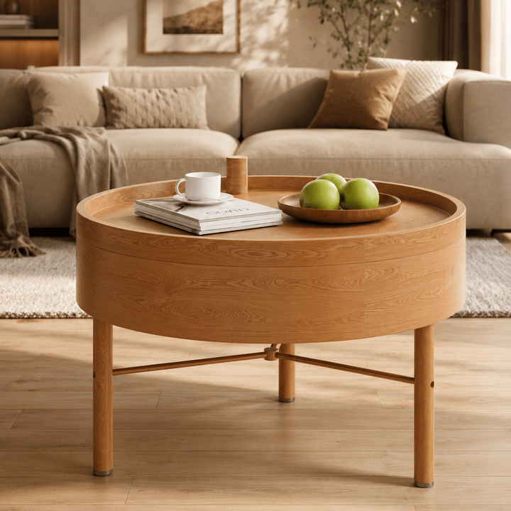 Table basse ronde rotative de 600 mm avec rangement et pieds en métal - AMIRELLI