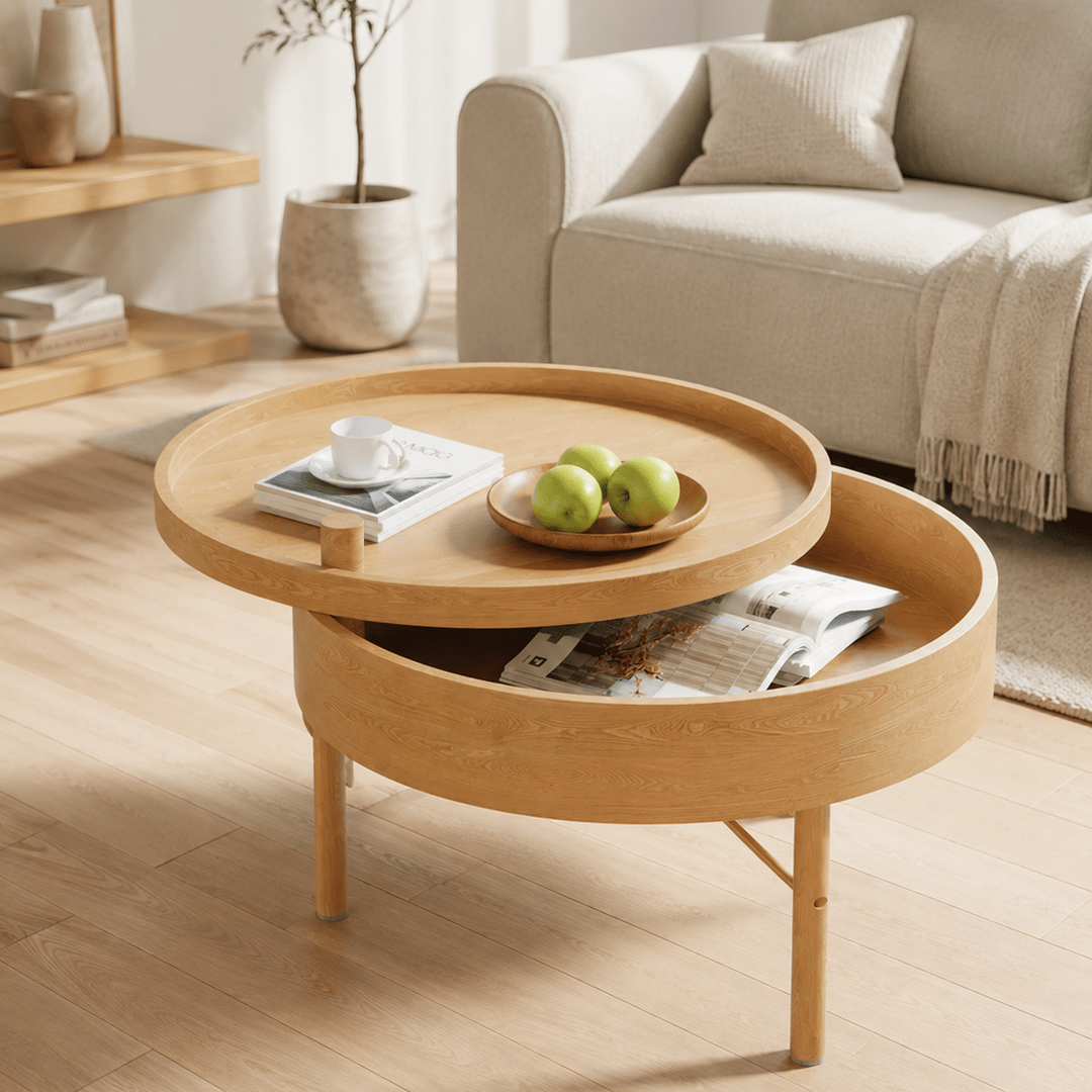 Table basse ronde rotative de 600 mm avec rangement et pieds en métal - AMIRELLI