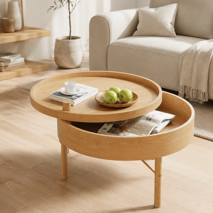 Table basse ronde rotative de 600 mm avec rangement et pieds en métal - AMIRELLI