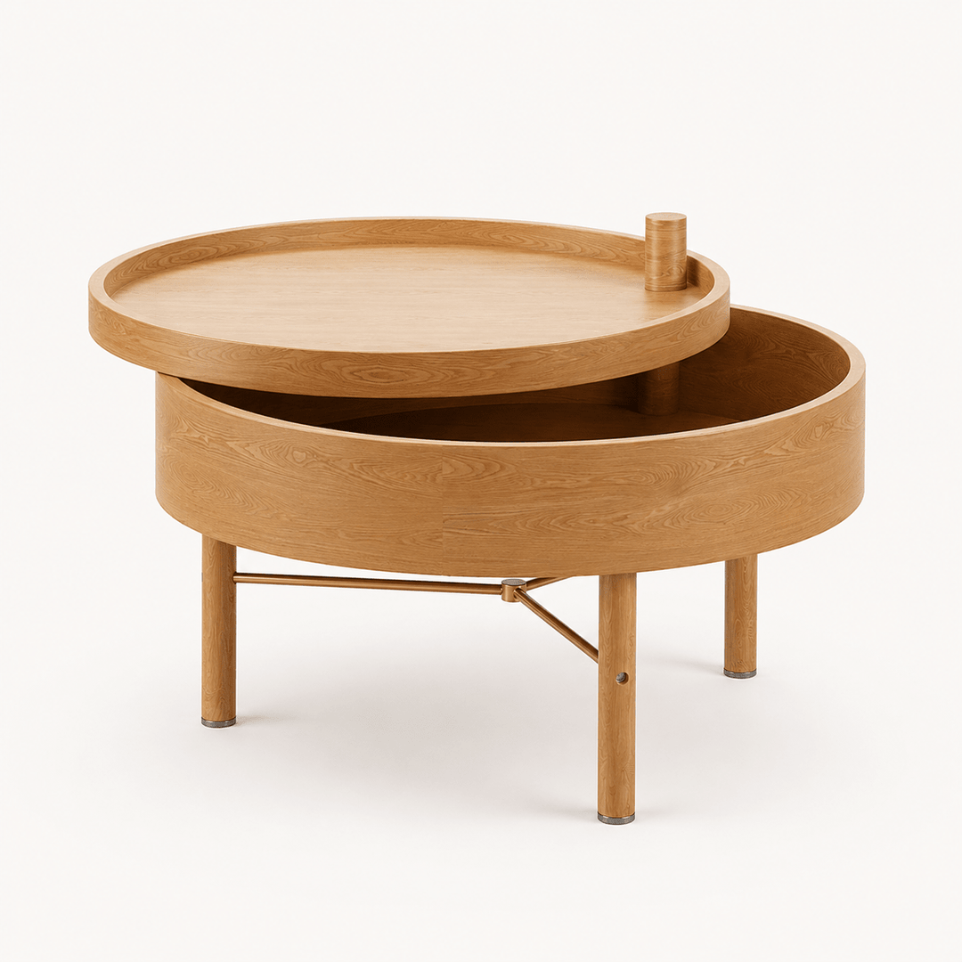 Table basse ronde rotative de 600 mm avec rangement et pieds en métal - AMIRELLI