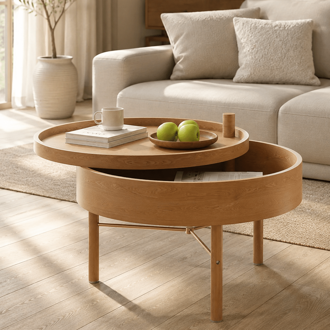 Table basse ronde rotative de 600 mm avec rangement et pieds en métal - AMIRELLI